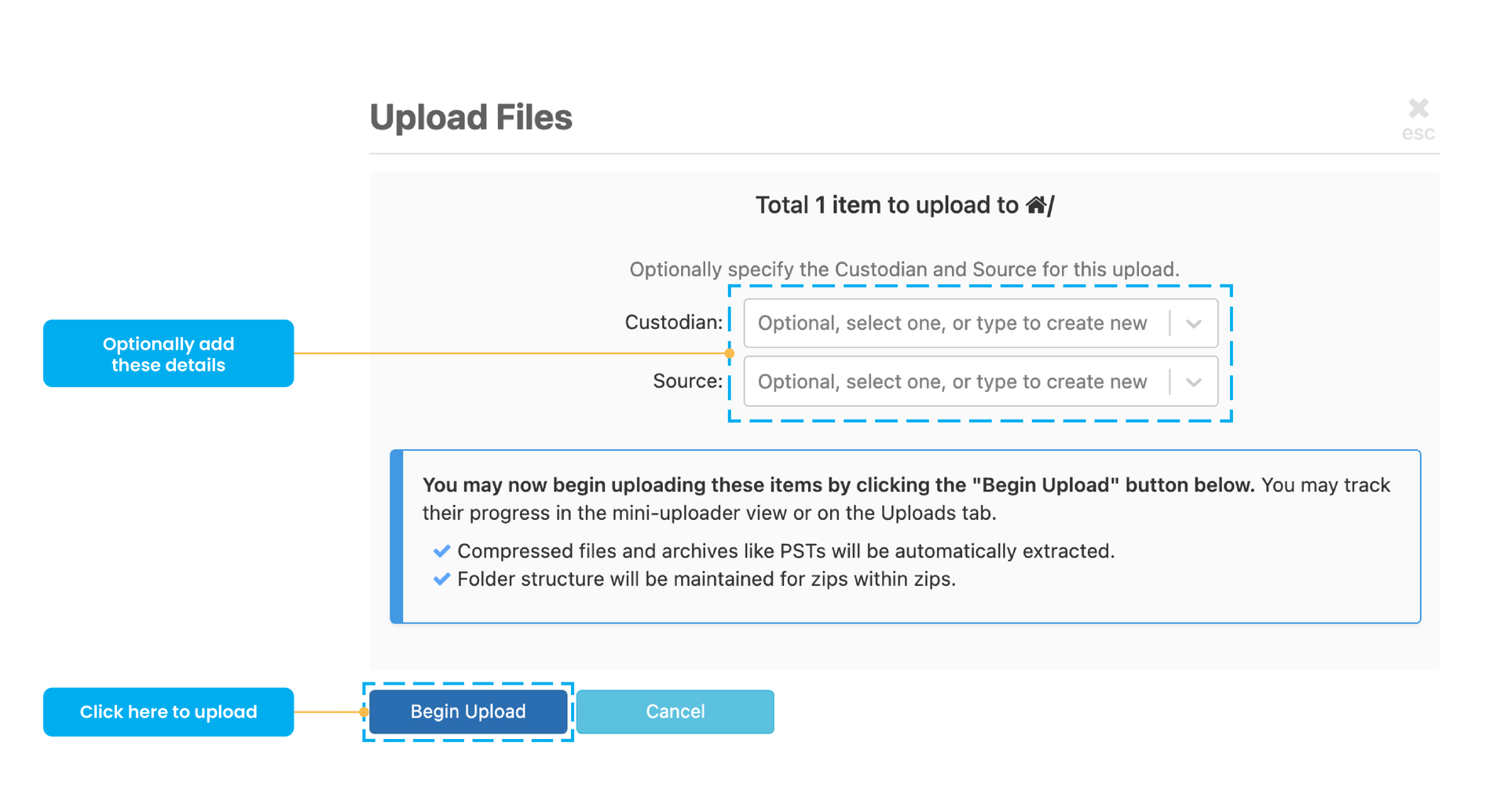 Add the details of the file to upload