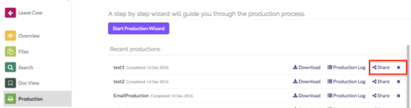 Open the Production view and click on 'Share' against the production you wish to share