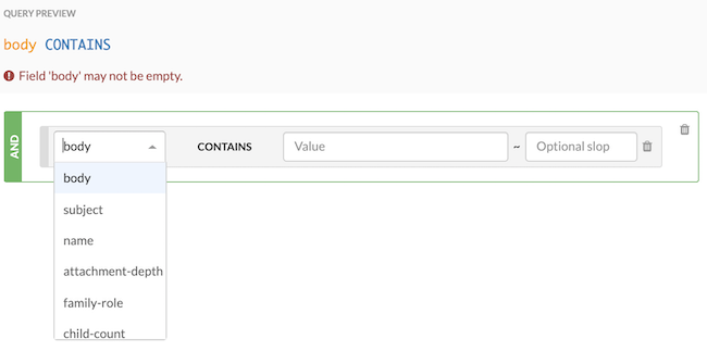 The best eDiscovery apps make advanced searches easy. No math. No equations. For example, here's what advanced searching with GoldFynch looks like. Just simple text boxes and 'drop-down' boxes.