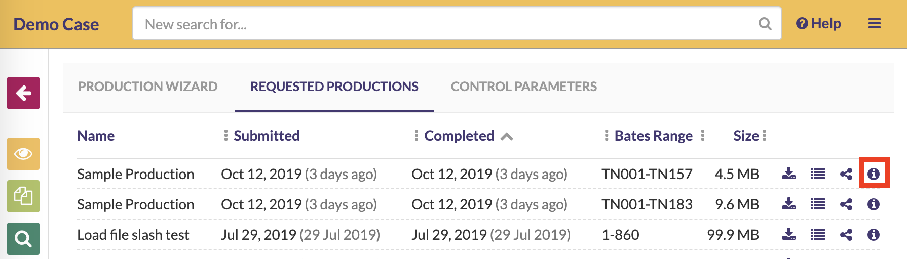 Click on the information button to view your production's parameter summary