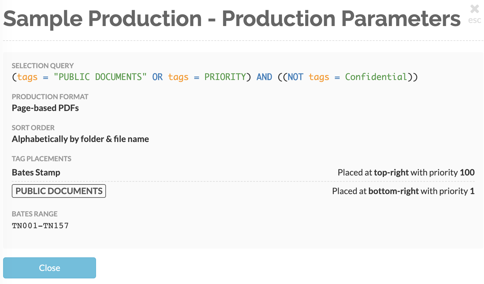 View your production's parameter summary