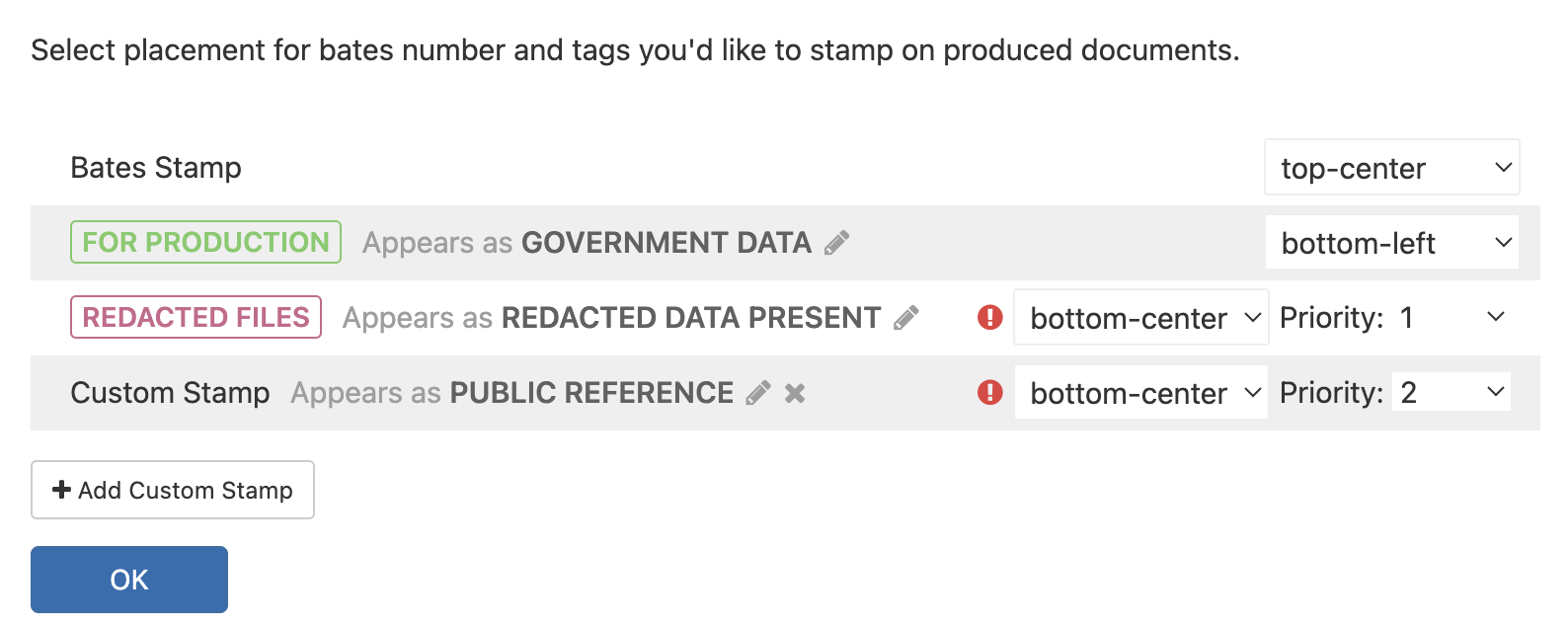 Bates and stamp placement in GoldFynch