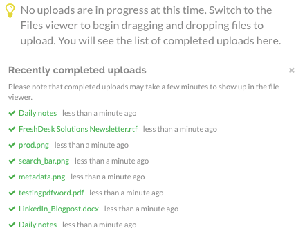 Recently uploaded files are displayed on the Uploads view