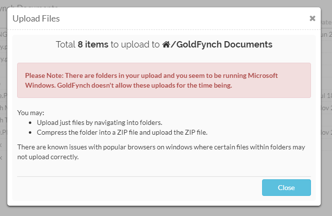 Cannot upload folders error message