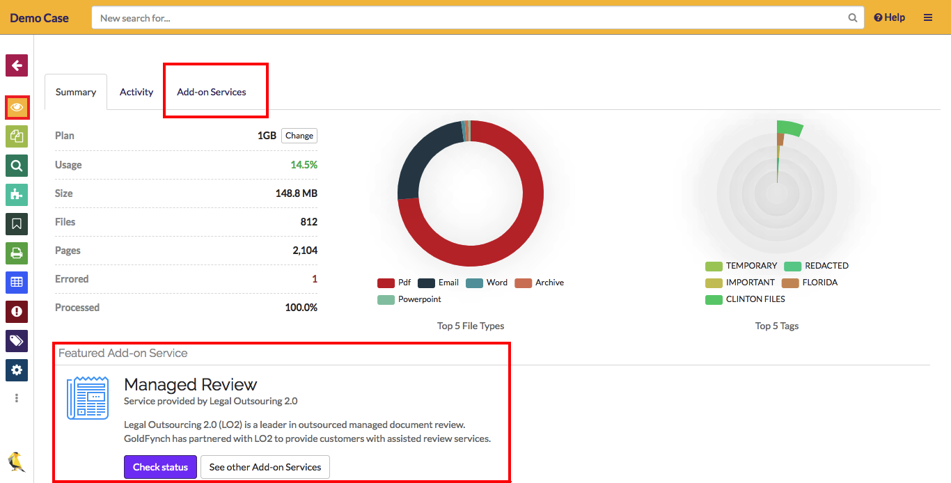 Summary view add-on services tab