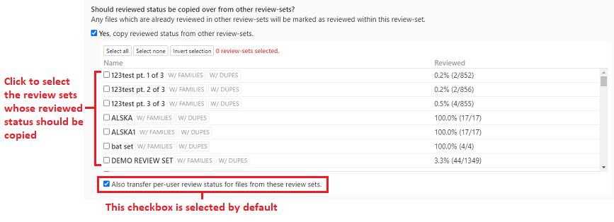 Select review sets whose review status is to be copied