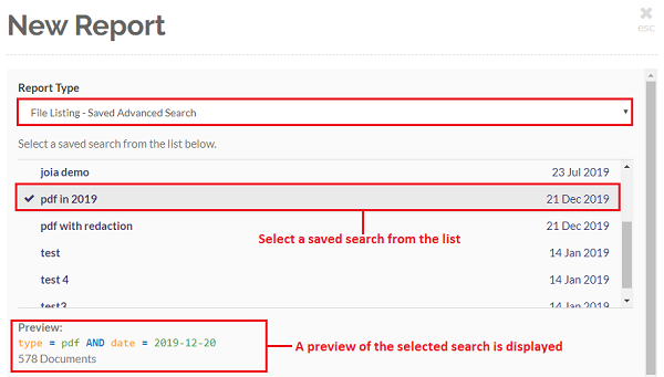 Select a saved search query to create the report from