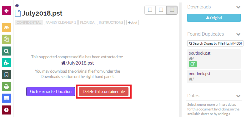 Click on the 'Delete this container file' button