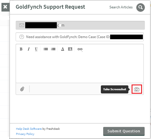 Support request screenshot