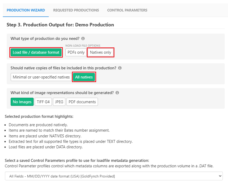 Select a native option to produce your files in their native formats