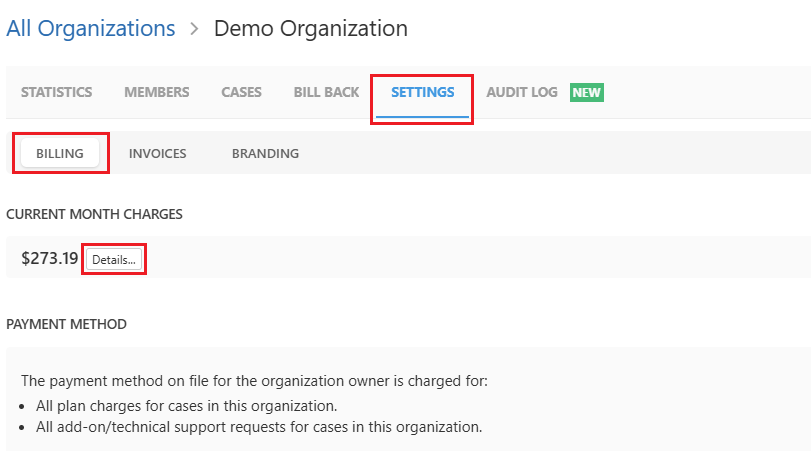 Billing tab for the Organization
