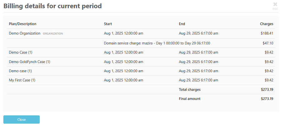 Invoice details for current month
