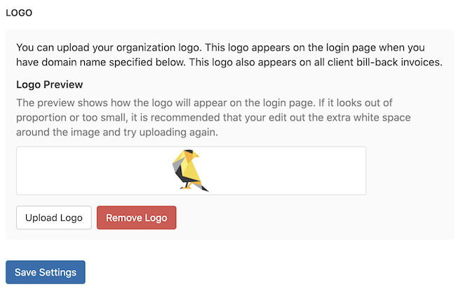 Upload a logo to be used on the login page and bill back invoices