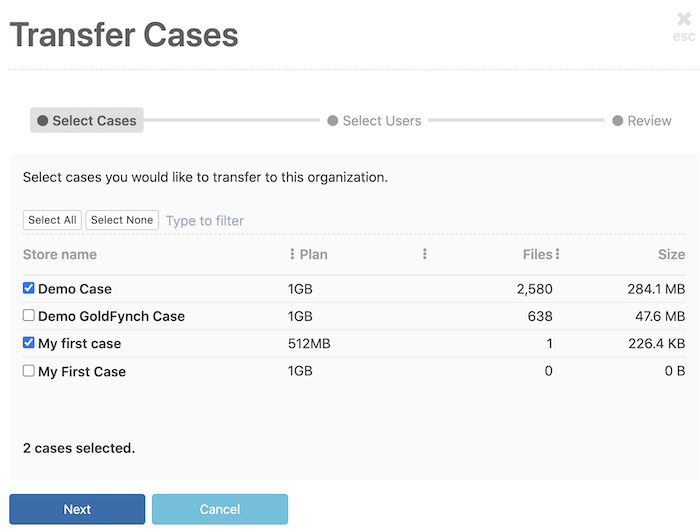 Choose the cases to transfer