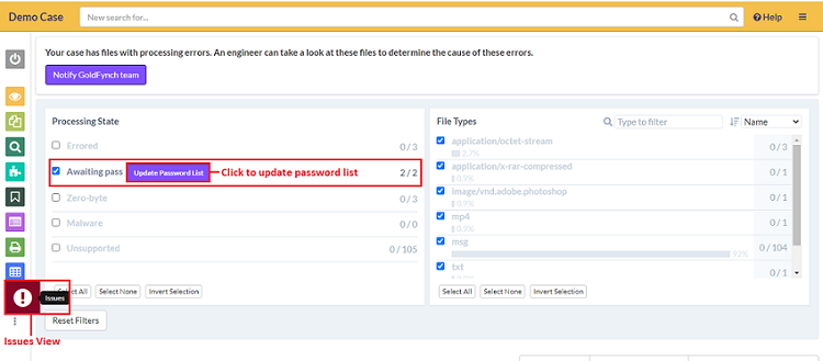 In the 'Issues' view click on the 'Update password list' button