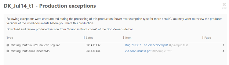 Production exception listing