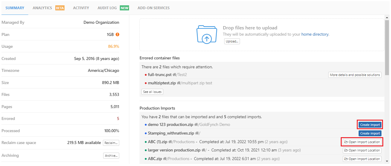 Production import summary from overview screen