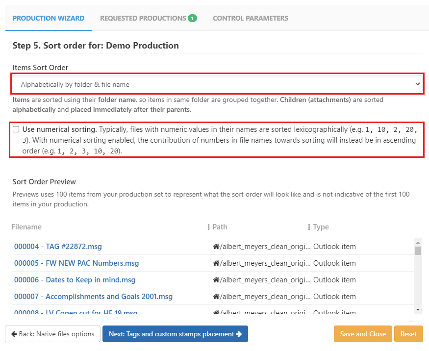 Choose a sort order for you production