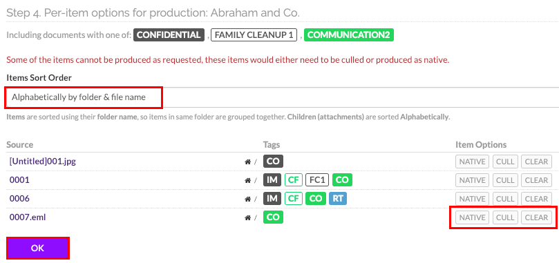 Order, set to native or cull production items