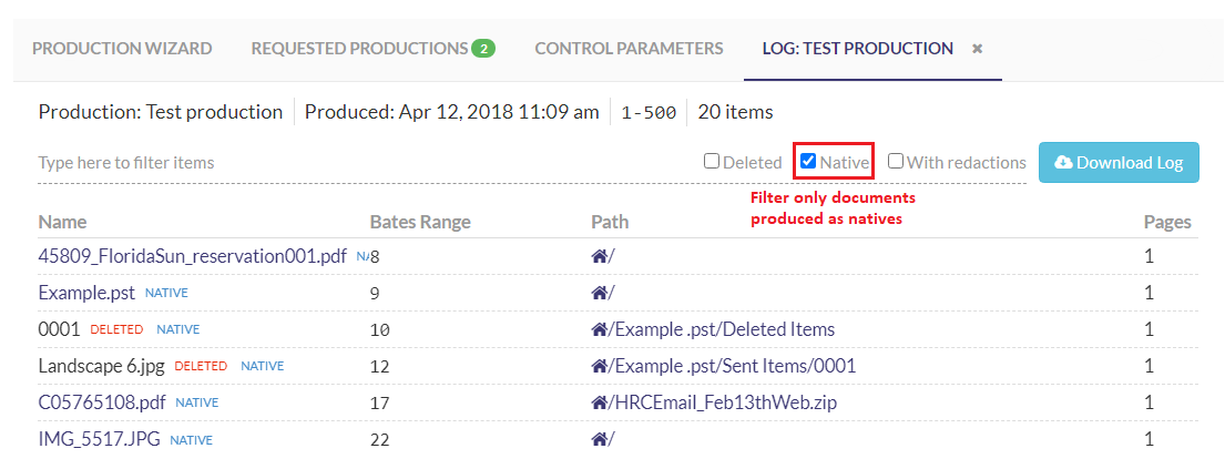 Toggleable production log filters