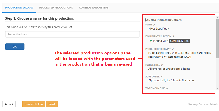 Production wizard when reusing settings