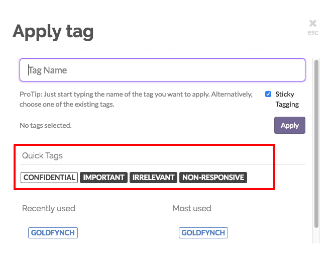 Quick tags on the apply tags screen