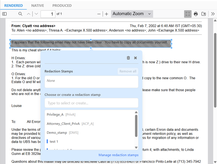 Click on redaction to view stamp pop-up