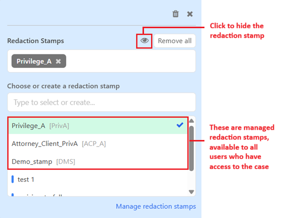 Redaction stamp pop-up window