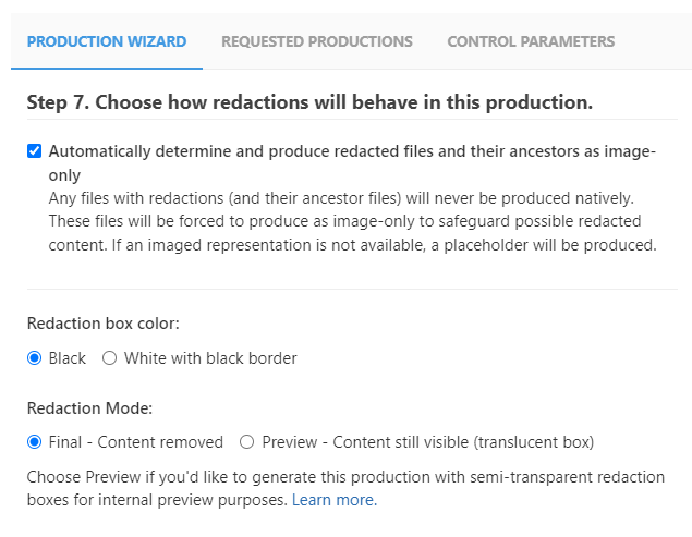 Selecting Redaction mode for production