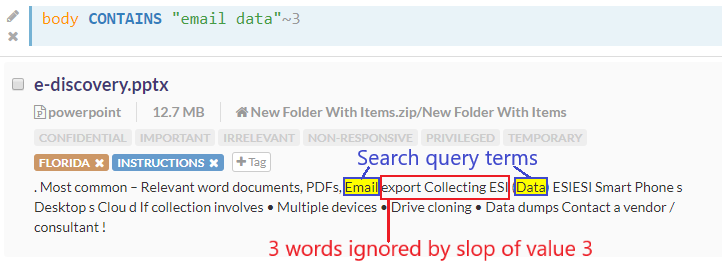 Slop value of 3 allows for 3 words between the queried phrase's words
