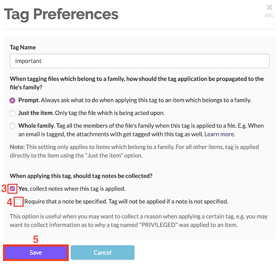 Check the checkbox to enable tag application notes