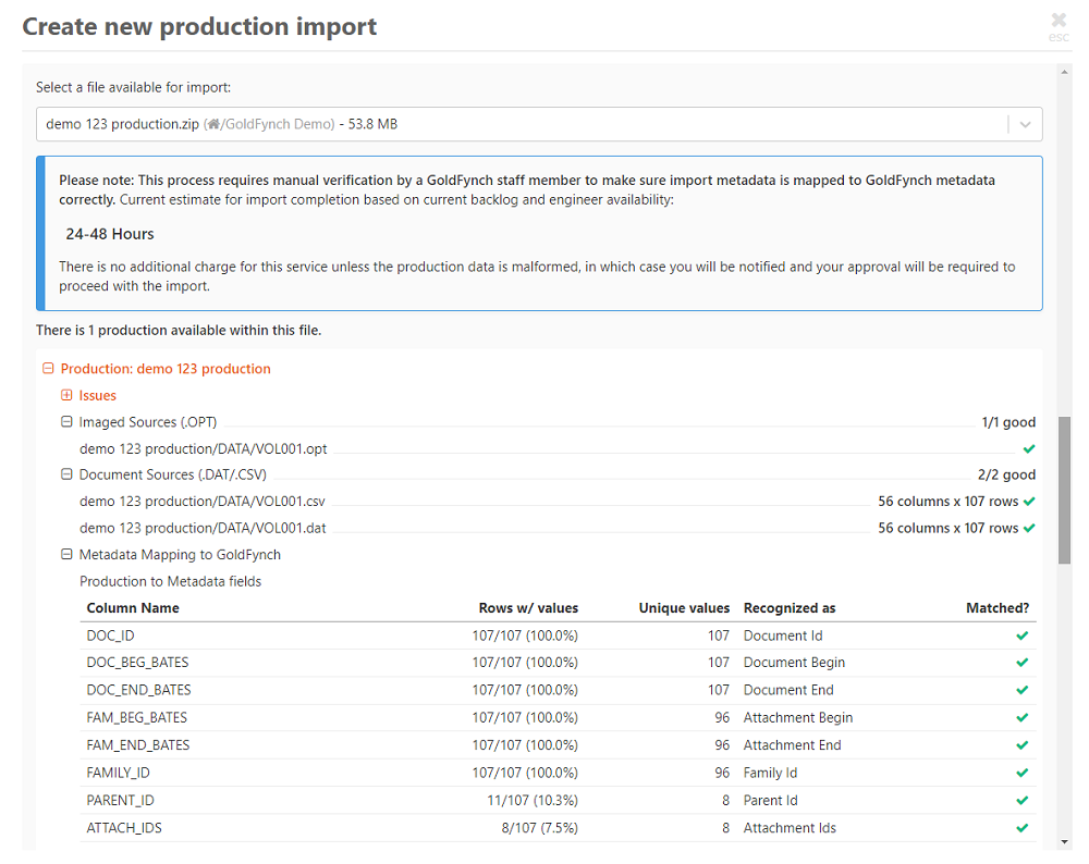 Production import details