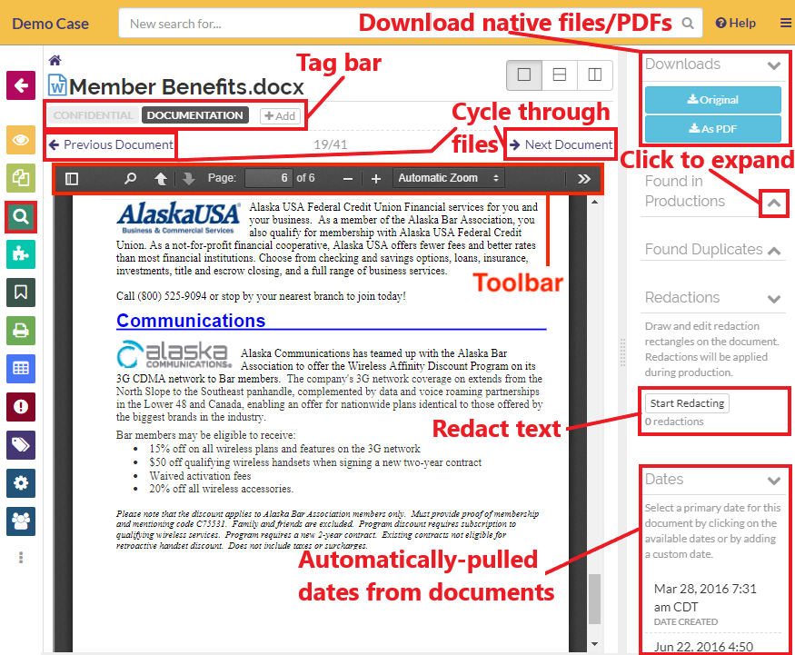 Different sections of the Document Viewer